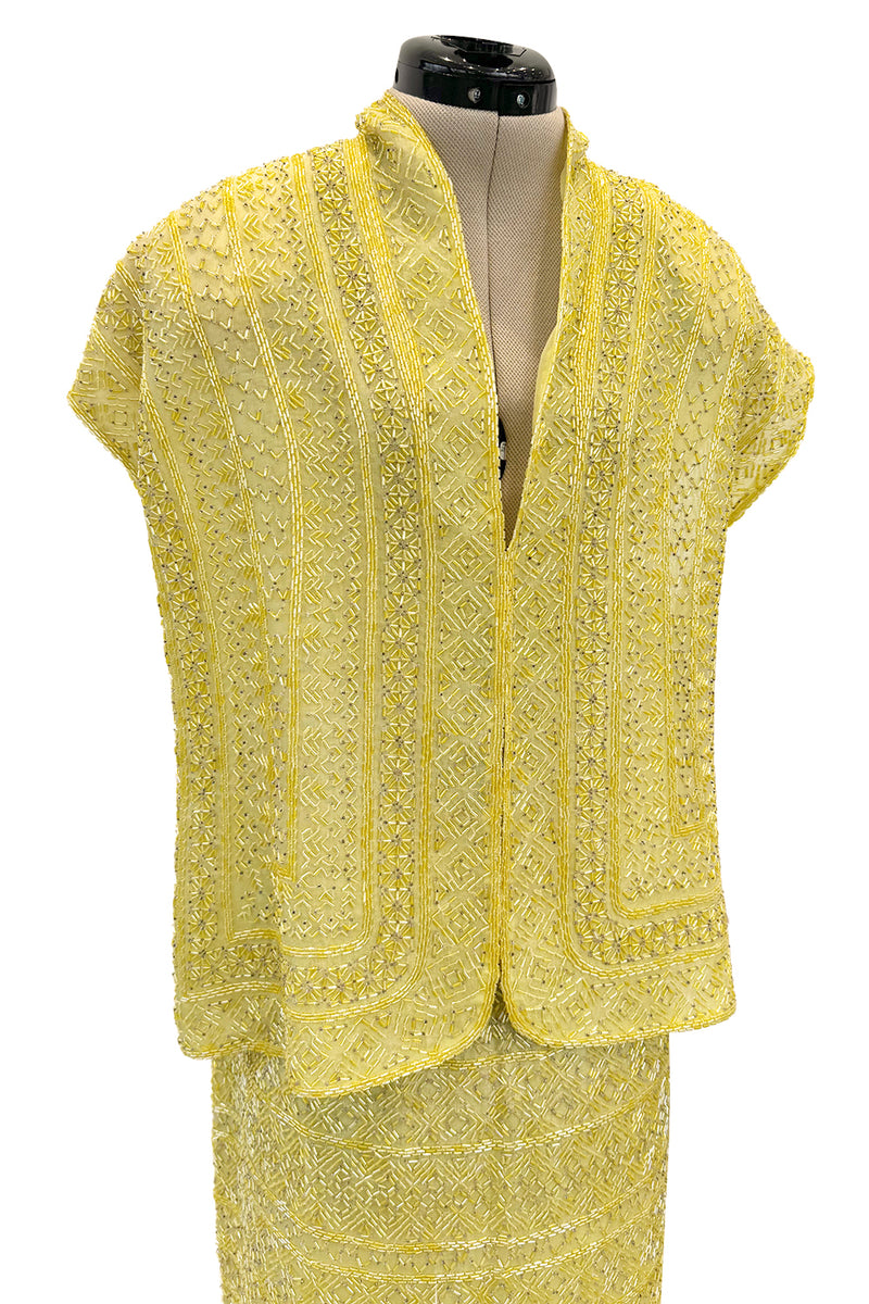 Incredible Late 1970s Halston Couture Hand Beaded Silk Skirt & Sleeveless Top Set in Yellow