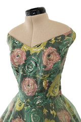 Gorgeous 1950s David Hart Organza Covered Cotton Floral Print Dress w Sequin Detailing