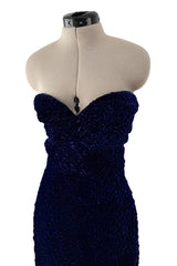 Fantastic Fall 1986 Yves Saint Laurent Runway Strapless Deep Purple-Blue Hand Gathered Velvet Dress