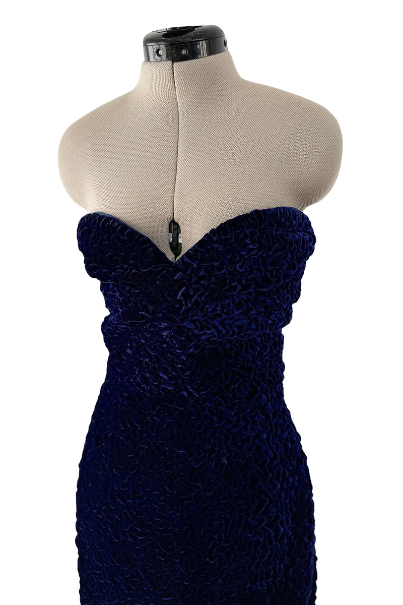Fantastic Fall 1986 Yves Saint Laurent Runway Strapless Deep Purple-Blue Hand Gathered Velvet Dress