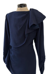 Elegant Spring 1989 Nina Ricci by Gerard Pipart Haute Couture Runway Deep Blue Silk Dress