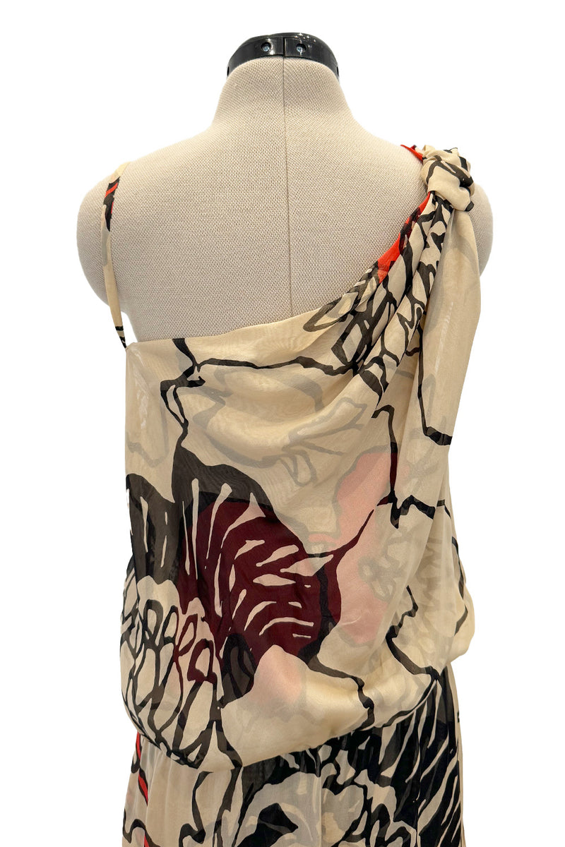 Gorgeous Early 2000s Valentino Roma Bias Cut Floral Print Dress w Bright Pops of Coral Red