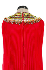 Prettiest Unlabeled 1960s Red Pleated Chiffon Dress w Densely Beaded & Sequin Bib Collar