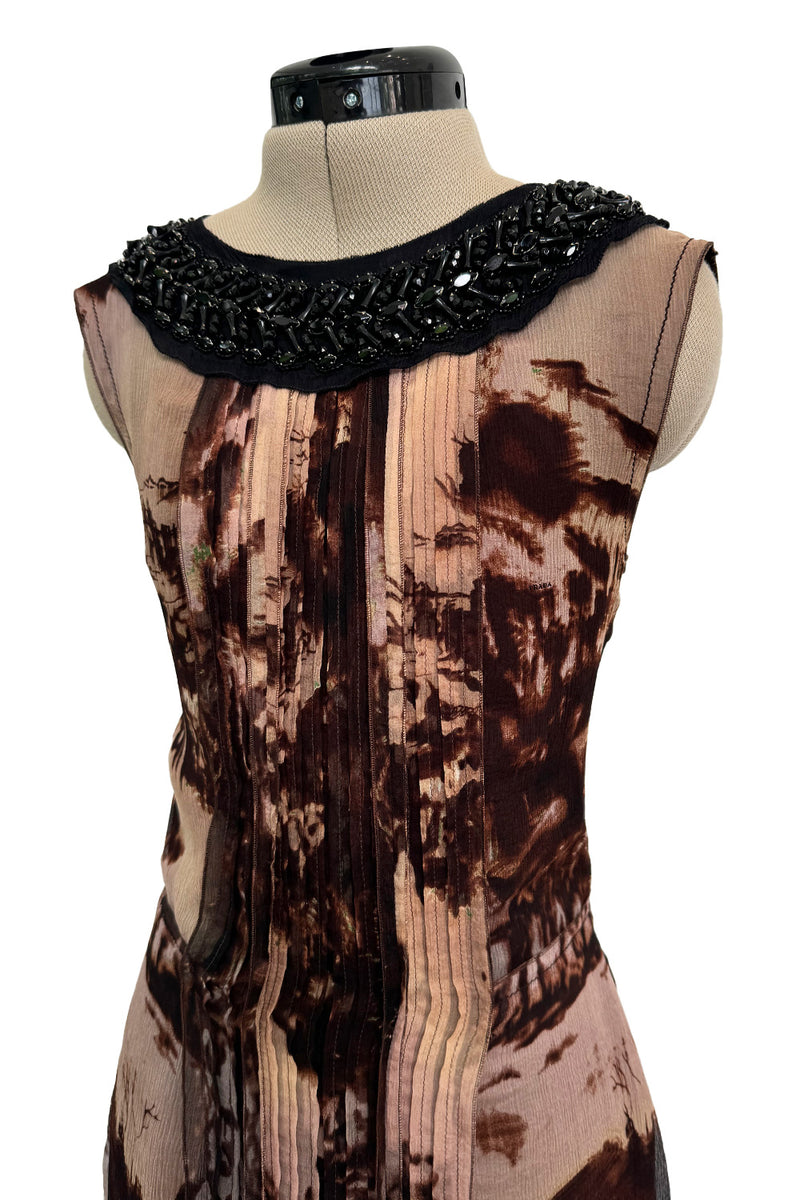 Prettiest Fall 2004 Prada Runway & Ad Campaign Print Silk Chiffon Dress w Beaded Detailing