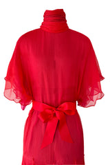 1970s Giorgio Sant'Angelo Red Silk ChiffonDress w Pink Silk Chiffon Lining & Prettiest Gusset Skirt