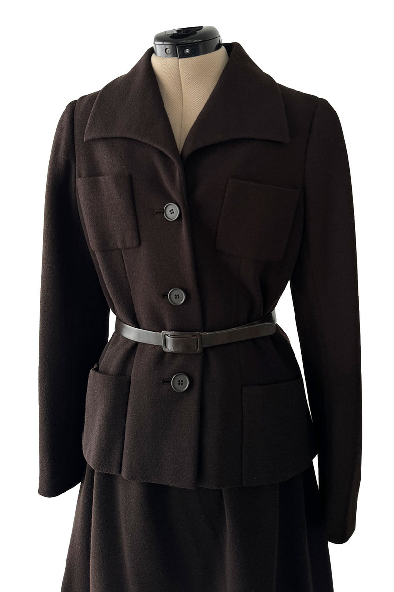 Chic 1960s Norman Norell Deep Brown Skirt & Jacket Suit Set w Belt & Hand Written Tag