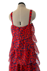 Gorgeous 1970s Givenchy Blue & Red Dot Tiered Silk Organza Ruffle Dress