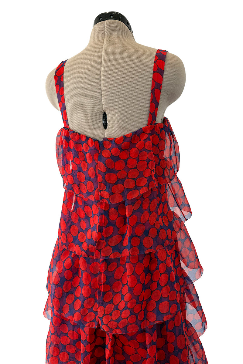 Gorgeous 1970s Givenchy Blue & Red Dot Tiered Silk Organza Ruffle Dress
