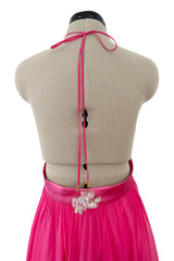 Recent Givenchy Vivid Silk Pink Chiffon Halter Dress w Completely Open Back & Multi Length Hem