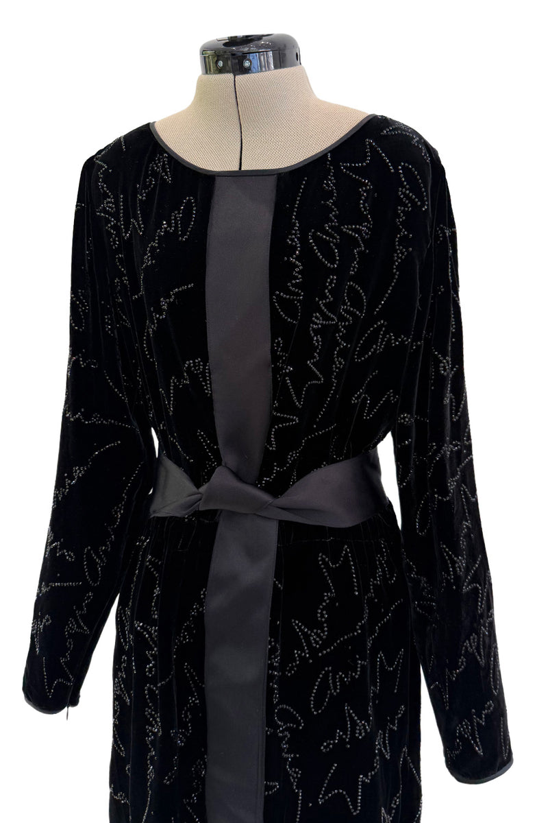 Exquisite Fall 2019 Giorgio Armani Runway Look 80 Velvet &Silk Ribbon Jumpsuit w Black Jet Beads