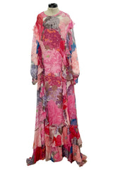 c. Resort 2020 Valentino by Pierpaolo Piccioli Ruffle Detailed Silk Chiffon Floral Caftan Dress w Tie Belt