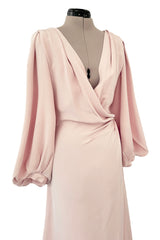 Spring 1990 Yves Saint Laurent Runway Nude Pink Version Silk Plunge Runway Dress w Balloon Sleeves