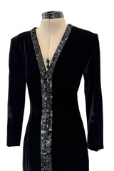 Fall 1998 Yves Saint Laurent Runway Black Velvet Dress w Elaborate Black Sequin Detailing