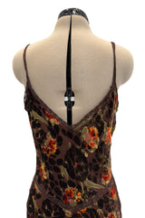 Beautiful Fall 2005 John Galliano Bias Cut Soft Brown Cut Devore Velvet & Chiffon Floral Print Dress