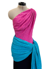 Iconic Spring 1985 Yves Saint Laurent Runway Pink & Black One Shoulder Dress w Blue Swag