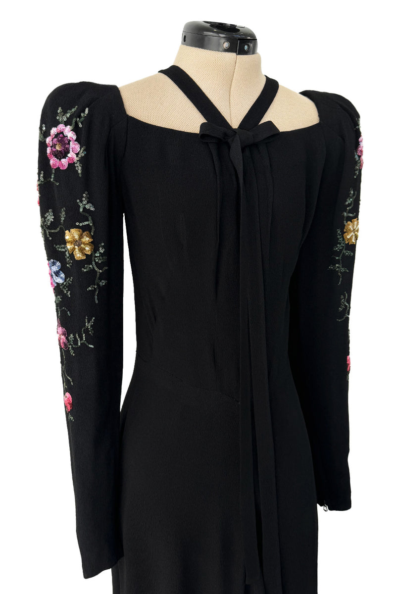 Prettiest 1920s Hickson Inc. Black Moss Crepe Dress w Tie Neck & Hand Sequinned Sleeves