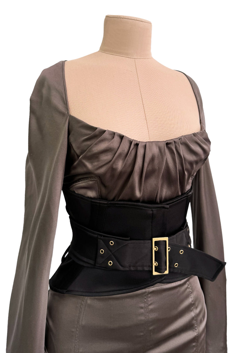 Important Fall 2003 Gucci by Tom Ford Runway Look 10 Stretch Silk Dress w Black Corset Waist Cincher Belt