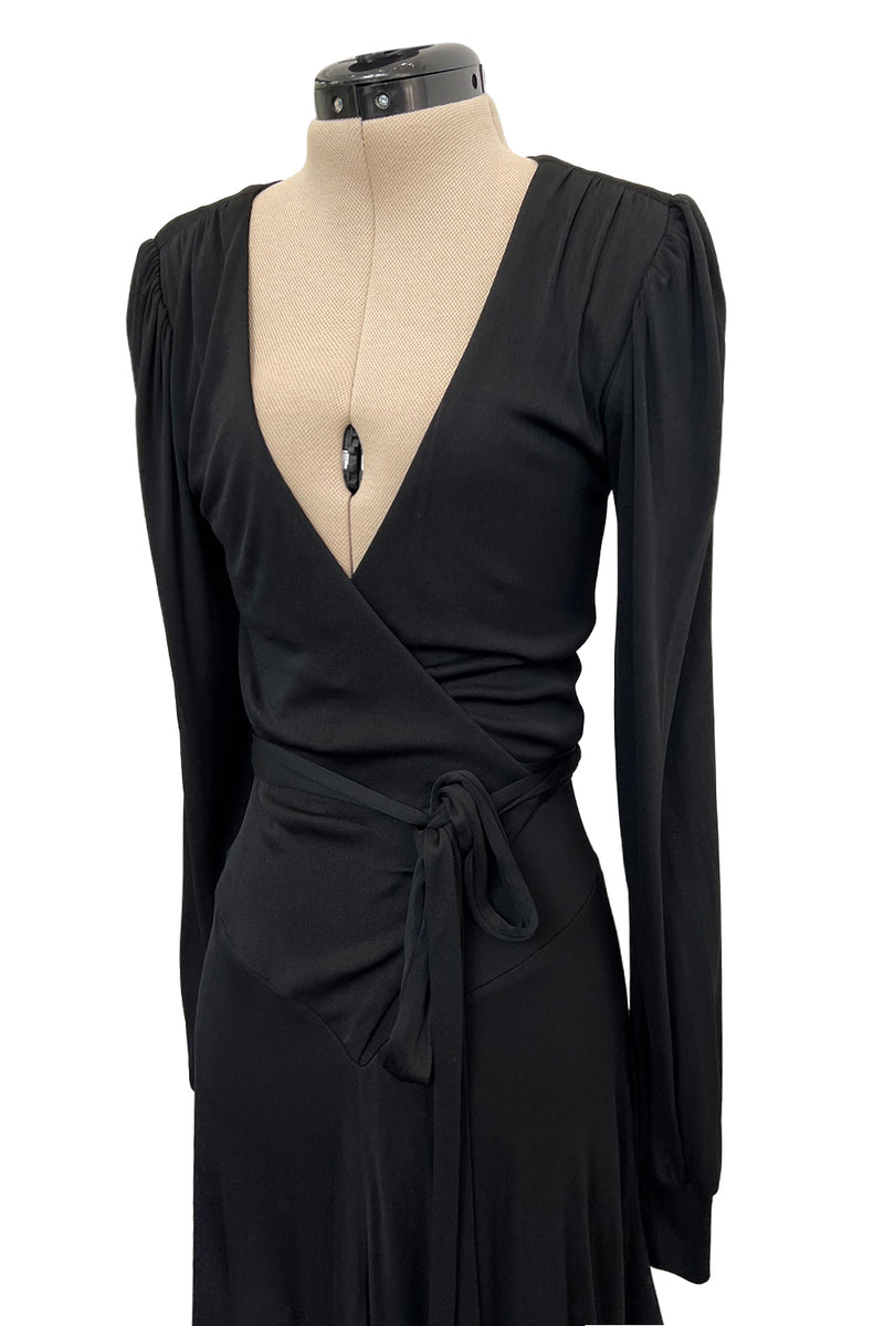 Incredibly Rare 1970s Holly’s Harp Bias Cut Black Jersey Dress w Crossed over Plunging Front