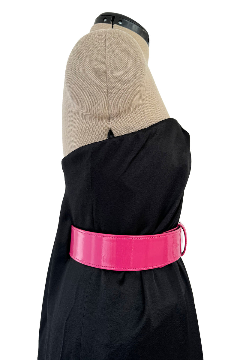 Fabulous 2008 Alexander McQueen Strapless Black Silk Dress w Vibrant Pink Patent Leather Belt