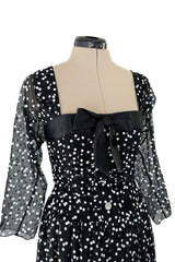 Prettiest Fall 1979 Christian Dior by Marc Bohan Black Silk Lace Net Dress w White  Sequins & Bows