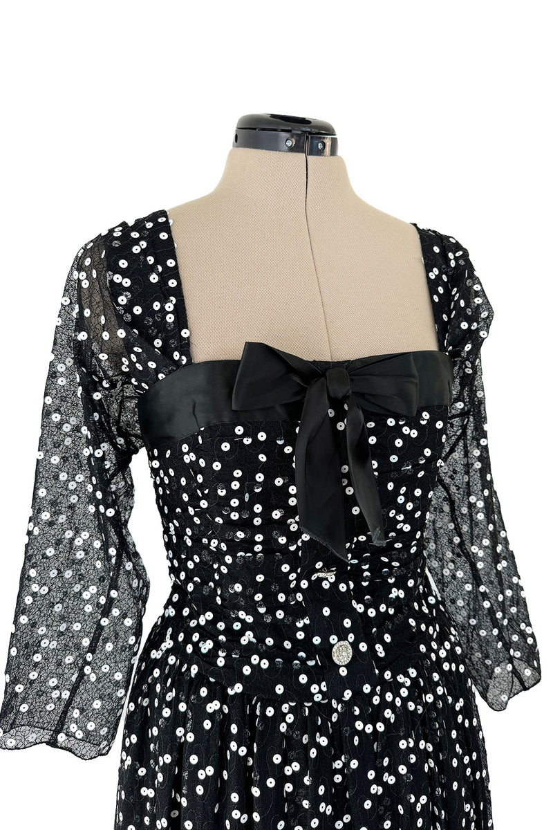 Prettiest Fall 1979 Christian Dior by Marc Bohan Black Silk Lace Net Dress w White  Sequins & Bows