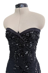 Fall 1992 Emanuel Ungaro Strapless Sequin SIlk & Lace Black Dress w Fringed & Beaded Hem
