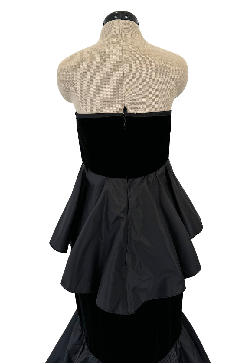 Exceptional Fall 2005 Original Valentino Runway Look 82 Black Velvet Dress w Bows, Silk Tiers & Pink Detailing