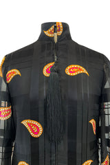 Documented Fall 1970 Valentino Printed Black Ribbon Silk Chiffon Dress w Huge Tassel Detail