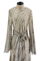 Exceptional 1970s George Stavropoulos Couture Bias Cut Grey Ribbon Silk Chiffon Dress w Sash