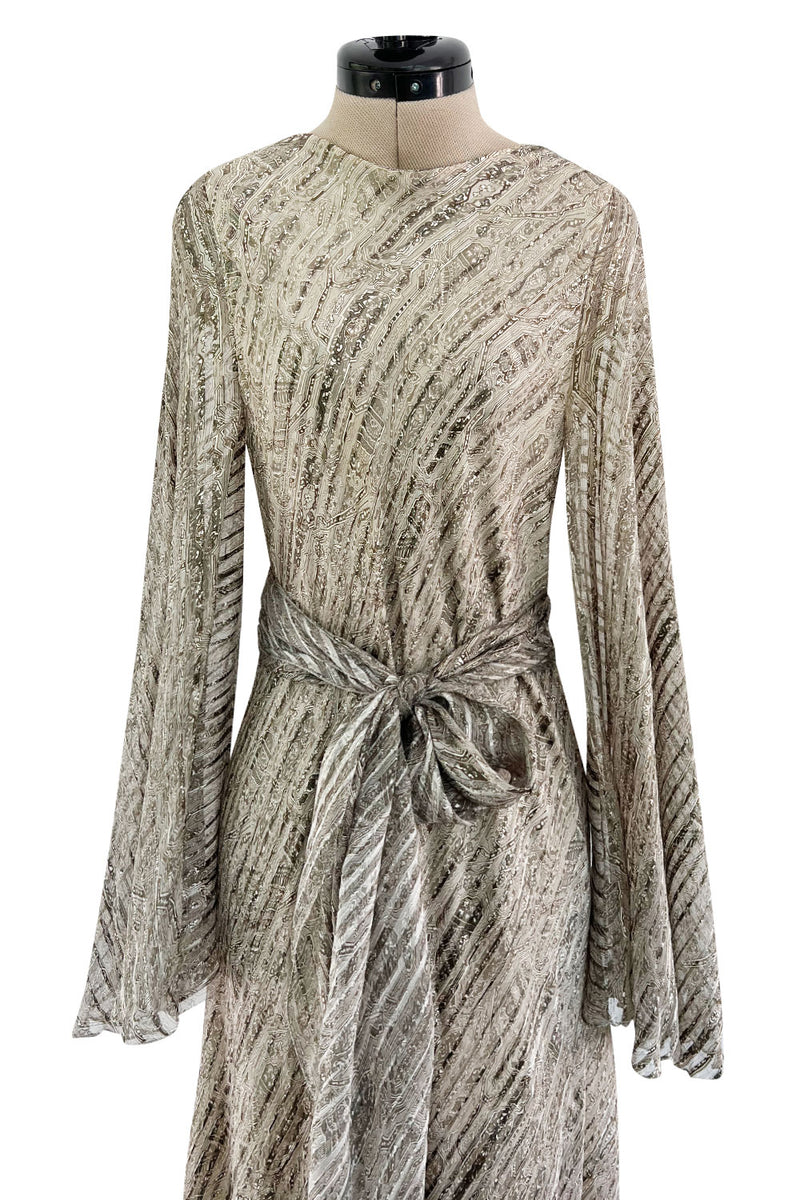 Exceptional 1970s George Stavropoulos Couture Bias Cut Grey Ribbon Silk Chiffon Dress w Sash