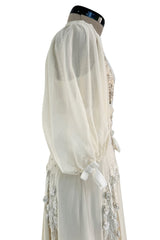 Rare 1969-75 Thea Porter Couture Embroidered Silk Organza & Gold Metallic Dress w Balloon Sleeves