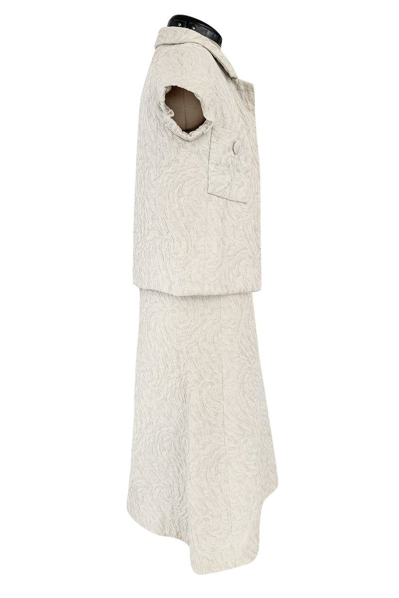 1960s Christian Dior Demi-Couture Textured Ivory Silk A-Line Dress & Matching Crop Jacket