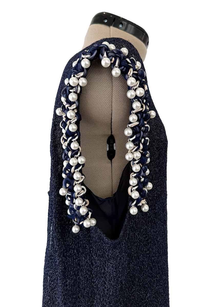 Phenomenal Fall 2010 Chanel by Karl Lagerfeld Deep Blue & Silver Metallic Knit Dress w Glass Pearl Detailing