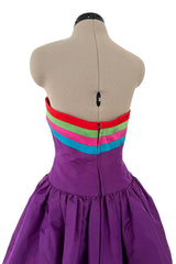 Fall 1982 Valentino by the Original Mr Valentino Purple Silk Strapless BubbleDress w Rainbow Detailing