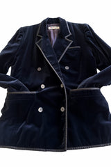 Iconic 1970s Yves Saint Laurent Midnight Blue Velvet Jacket w Ribbon Trimmed Edges