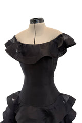Gorgeous Spring 1992 Oscar de la Renta Runway Black Silk Organza Net Ruffled Off Shoulder Dress