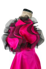 Book Documented Spring 1988 Bill Blass Bright Pink Silk & Black Net Ruffle Dress w Pouf Sleeves