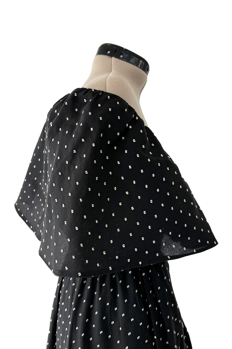 Dreamy 1981 Halston White Embroidered Dot on Black Wrap Off Shoulder Dress w Caped Neckline