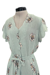 Prettiest 1930s Unlabeled Blue Handpainted Floral Dress Made of Unusual Woven Fabric
