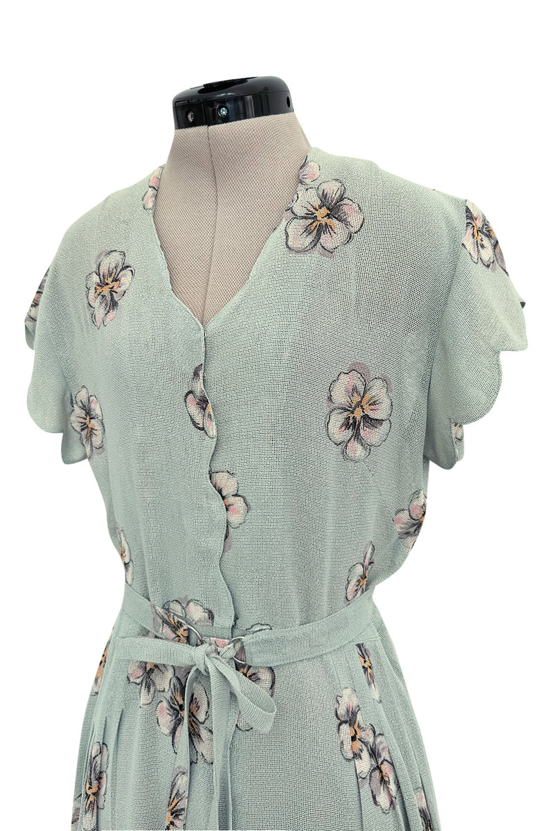 Prettiest 1930s Unlabeled Blue Handpainted Floral Dress Made of Unusual Woven Fabric