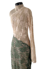 Dreamiest 1970s Geoffrey Beene One Shoulder Soft Blush Pink & Moss Green Corded Lace Dress