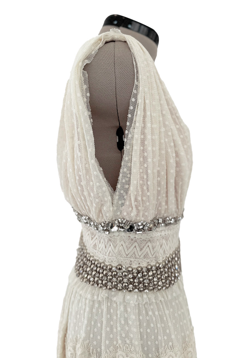 Gorgeous 2010s Lanvin Blanche by Alber Elbaz Dotted Net Plunge Dress w Rhinestone Details