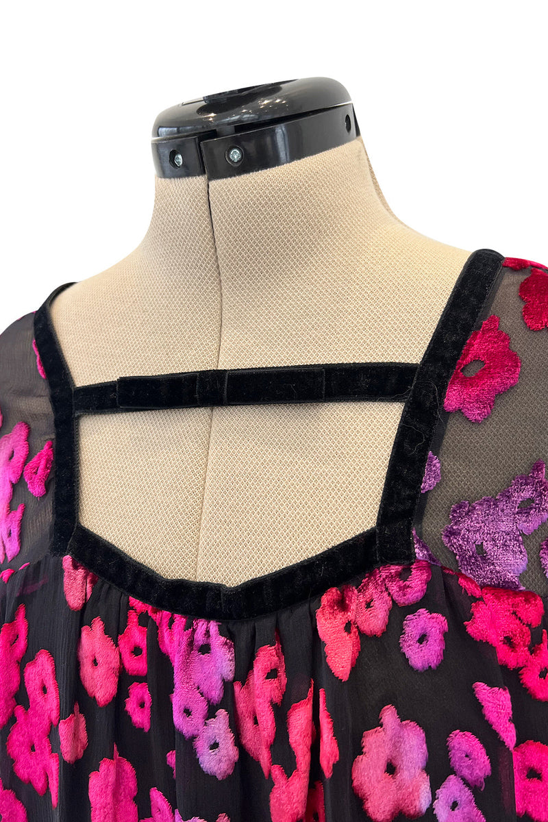 Prettiest 1970s Courreges Bright Pink Floral Velvet on Black Silk Chiffon Dress w Numbred Label