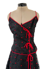 Fantastic 1970s Stavropoulos Wrap Skirt and Top Set w Embroidered Red Dots & Metallic Thread Pattern