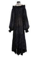 Spring 1978 Yves Saint Laurent Runway & Ad Campaign Off Shoulder Silk Chiffon Dot Dress