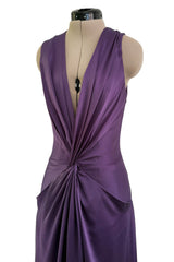 Minimalist Spring 2008 Alexander McQueen Purple Bias Cut Silk Dress w Front Plunge & Knot Detailing