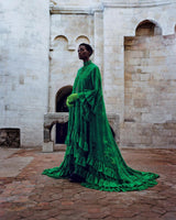 Remarkable Resort 2019 Gucci by Alessandro Michele Runway Look 9 Green Lace & Net Ruffle Dress w Train