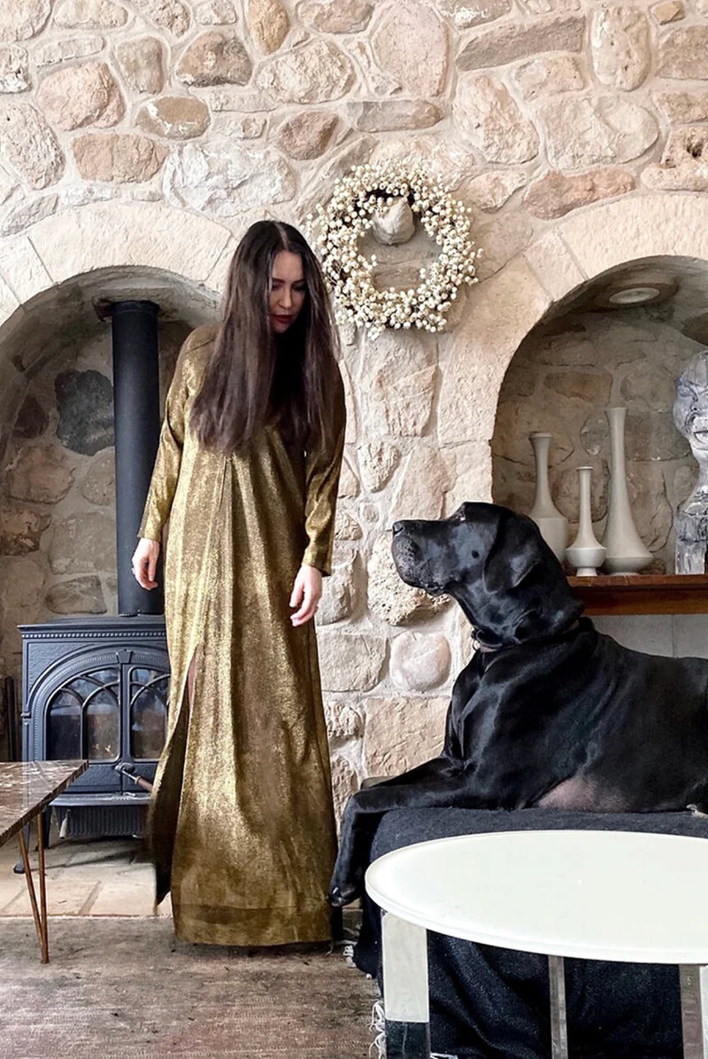 Chic 1970s Halston Deep Metallic Gold Lame Lurex Full Length Caftan Dr Shrimpton Couture Chic 1970s Halston Deep Metallic Gold Lame Lurex Full Length Caftan Dr Shrimpton Couture