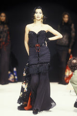 Fall 1992 Emanuel Ungaro Strapless Sequin SIlk & Lace Black Dress w Fringed & Beaded Hem