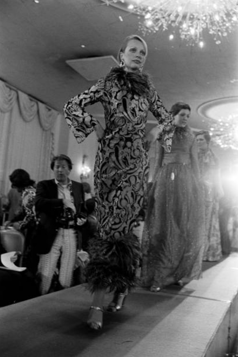 Fall 1973 Feather & Metallic Silk & Velvet Bill Blass Dress Shrimpton Couture Fall 1973 Feather & Metallic Silk & Velvet Bill Blass Dress Shrimpton Couture